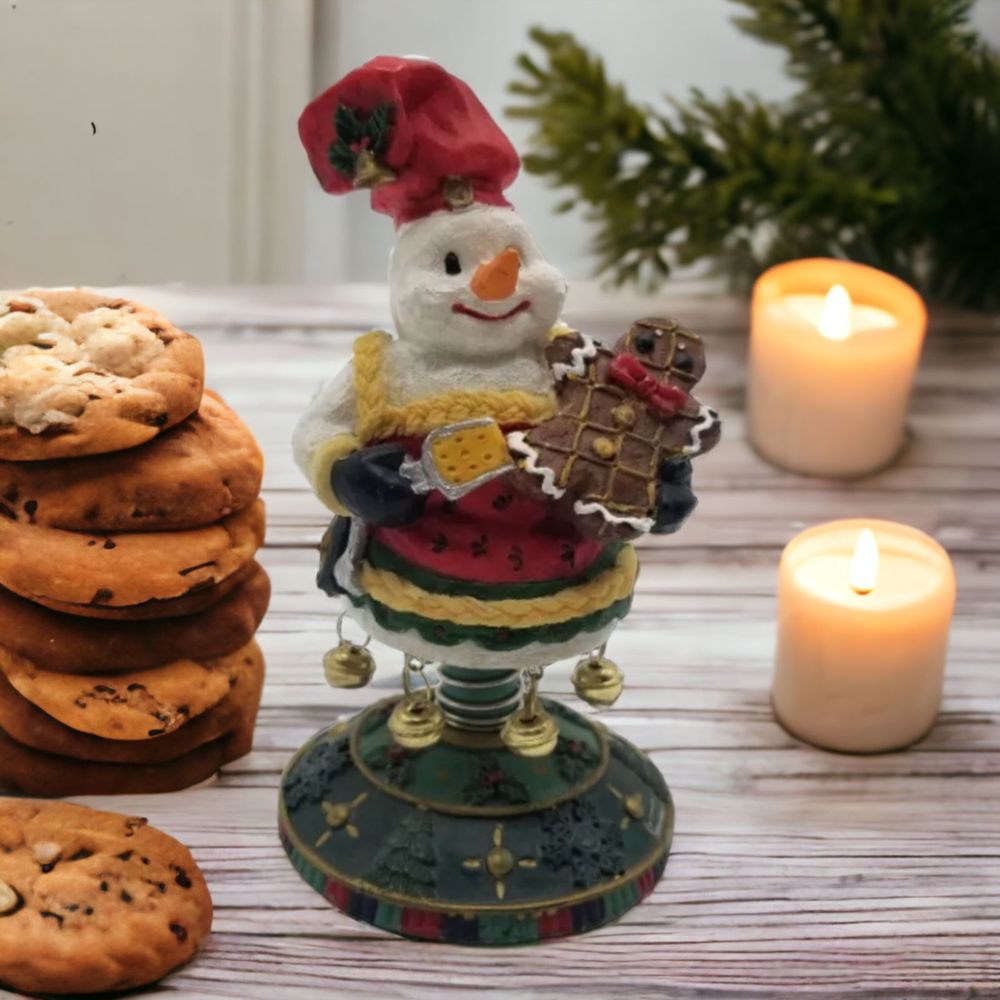 Christmas Snowman Holding Gingerbread Bells Bobble Wobble Figurine Seasonal